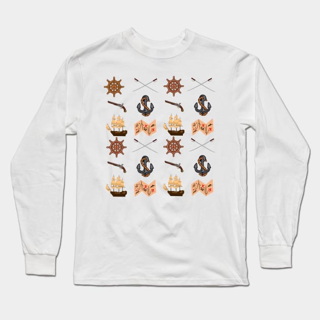 Pirate Pattern (lt background) Long Sleeve T-Shirt by Kyarwon